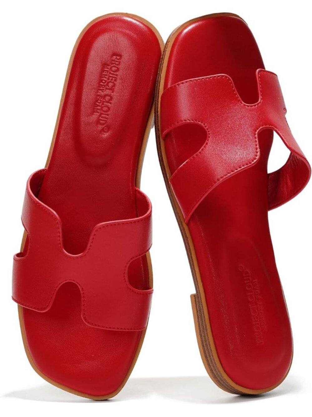 Women's Red Genuine Leather Sandals Flat Slides Mules Memory Foam Footwear